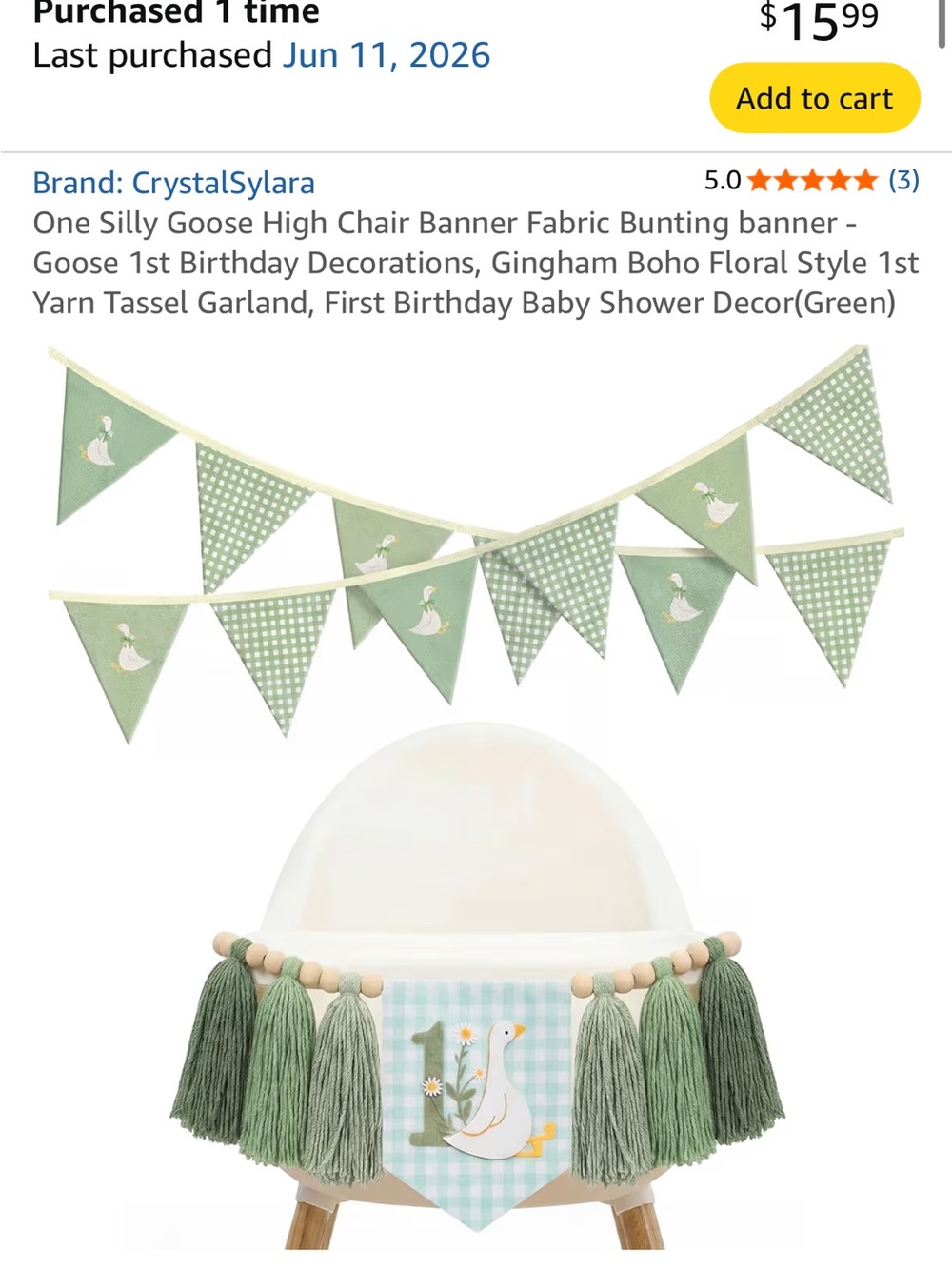 Amazon Green Gingham Goose High Chair Banner with Yarn Tassel Garland